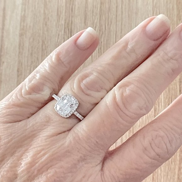 Radiant White Sapphire Halo Ring - Platinum Plated - Picture 4 of 5